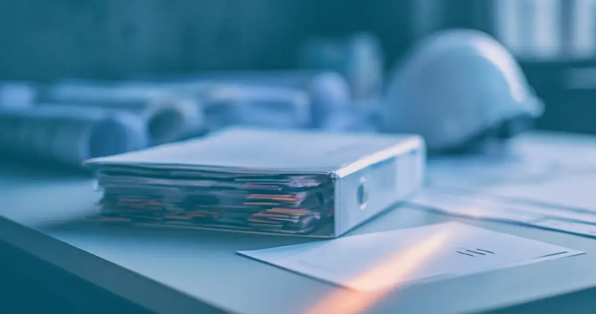 A thick binder of assessment pages on a desk, with rolled blueprints and a hard hat behind it
