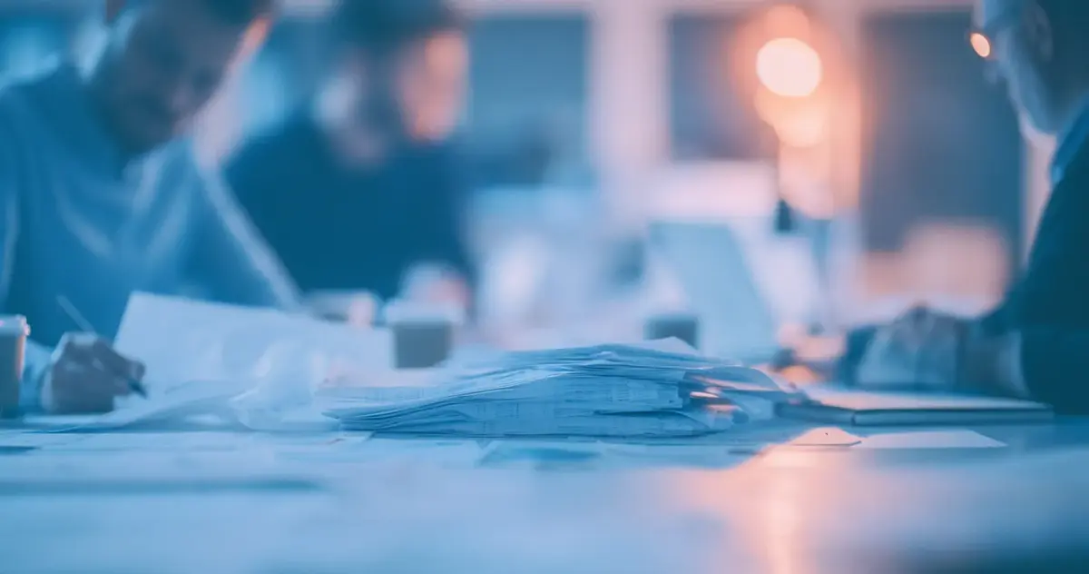 A thick stack of printed pages in focus on a desk, with three colleagues blurred behind it, one making notes by hand, and a laptop to the right